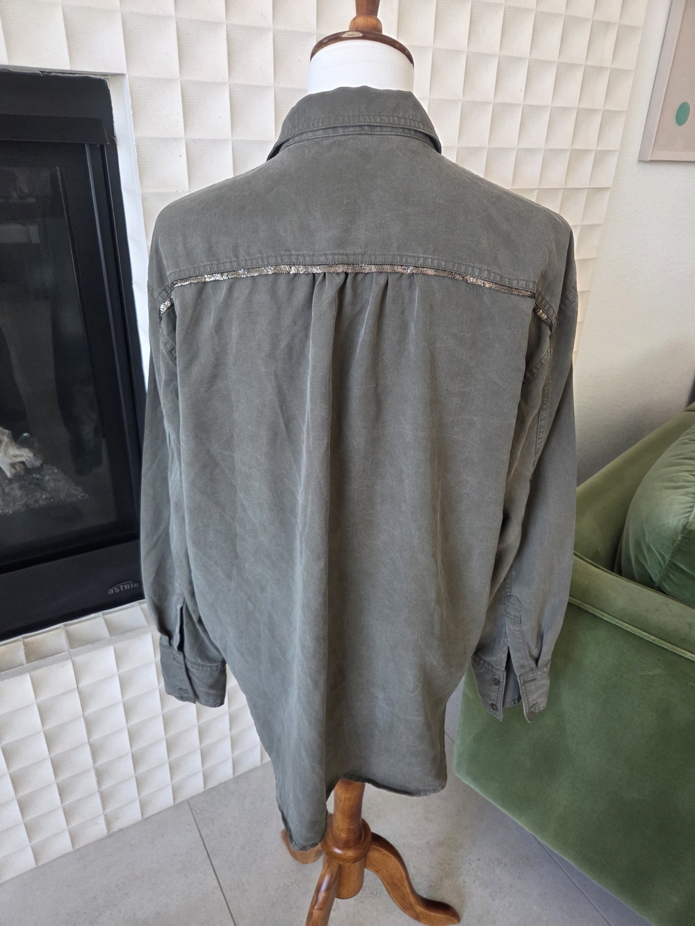 Free People Off Campus Button-Down Shirt Olive Green Metallic Trim - Picture 7 of 11